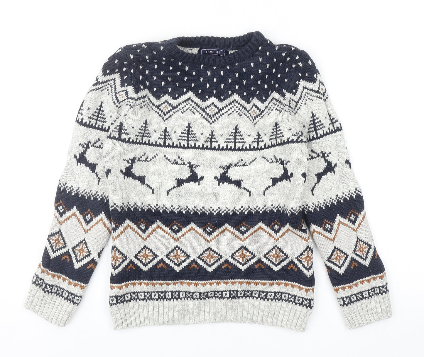 NEXT Boys Grey Round Neck Geometric Cotton Pullover Jumper Size 8-9 Years Pullover
