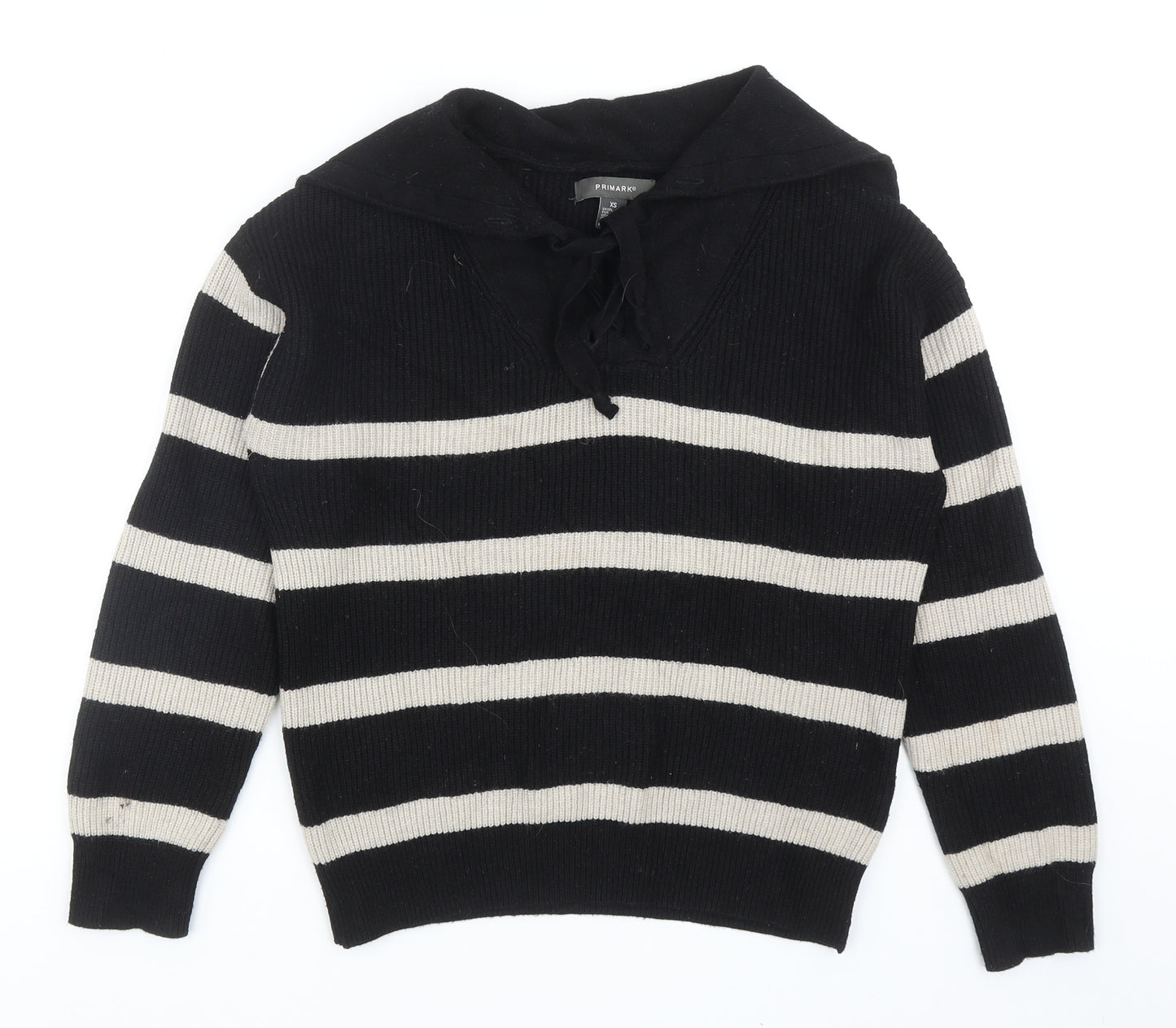 Primark Womens Black V-Neck Striped Viscose Pullover Jumper Size XS