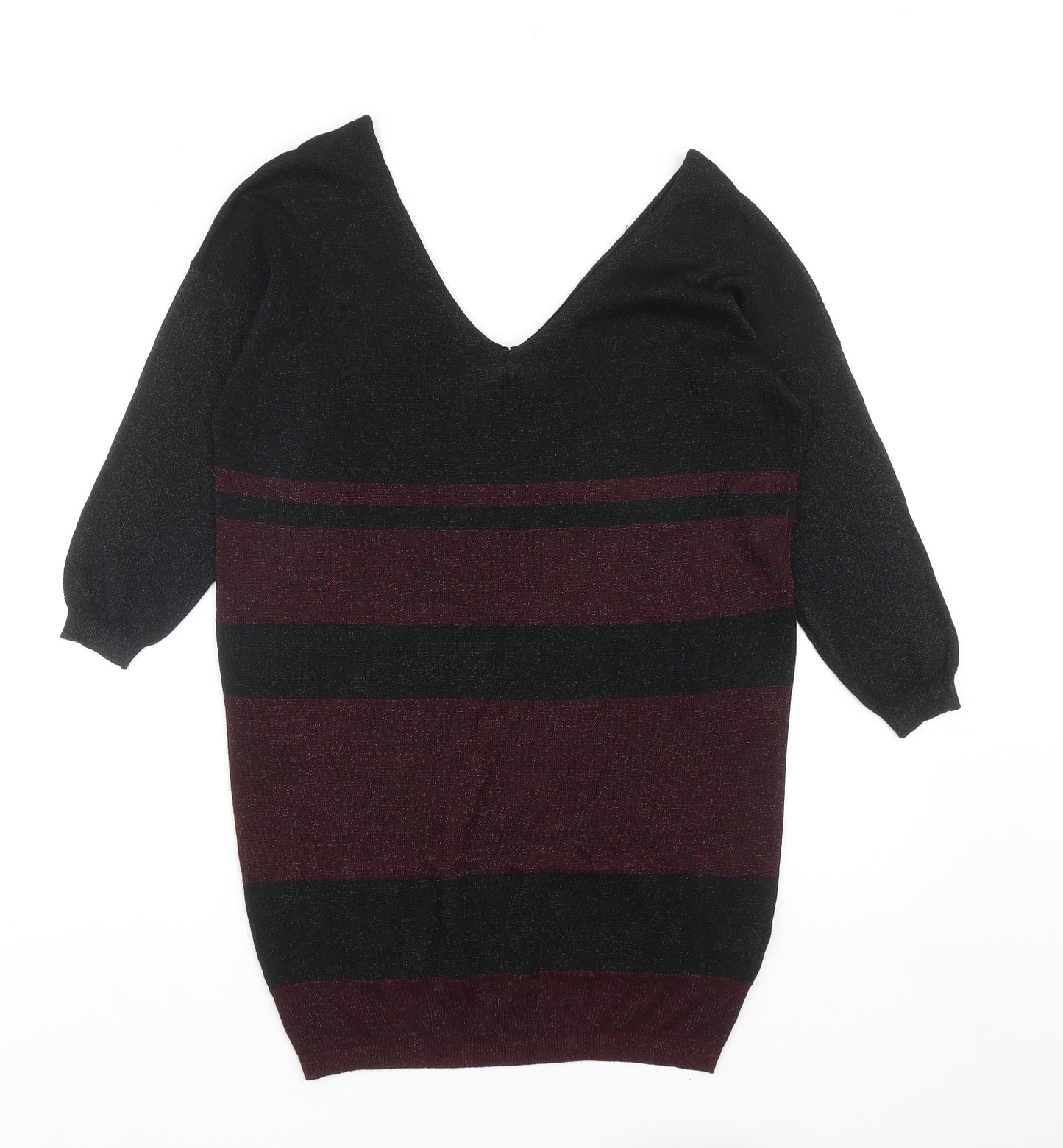 NEXT Womens Black V-Neck Striped Viscose Pullover Jumper Size 8