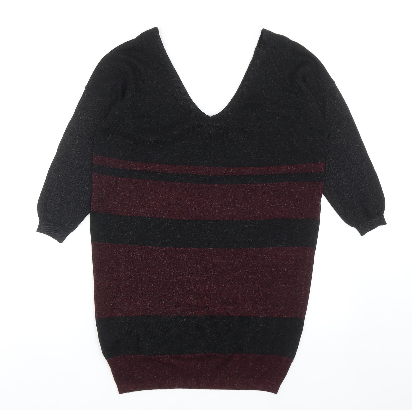 NEXT Womens Black V-Neck Striped Viscose Pullover Jumper Size 8