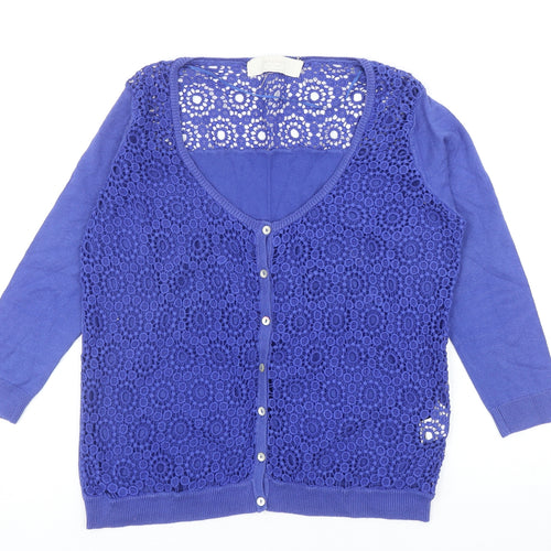 Zara Womens Blue Round Neck Geometric Cotton Cardigan Jumper Size L