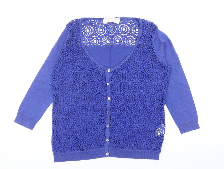 Zara Womens Blue Round Neck Geometric Cotton Cardigan Jumper Size L