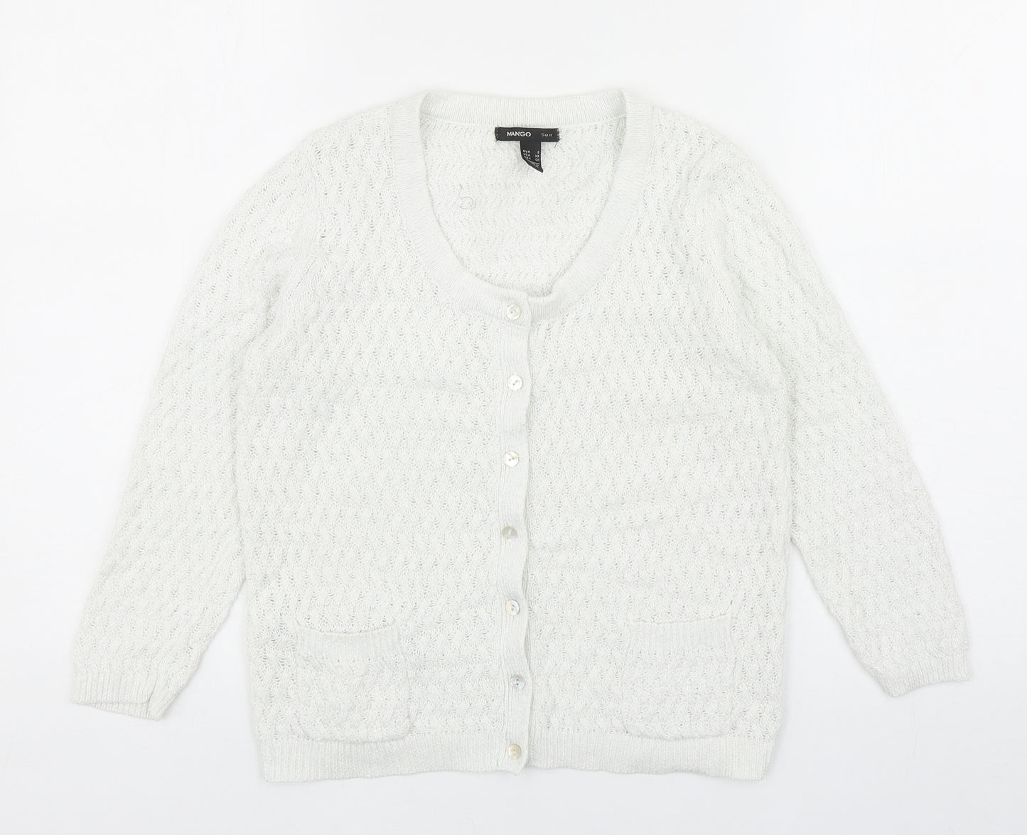Mango Womens White Round Neck Cotton Cardigan Jumper Size S