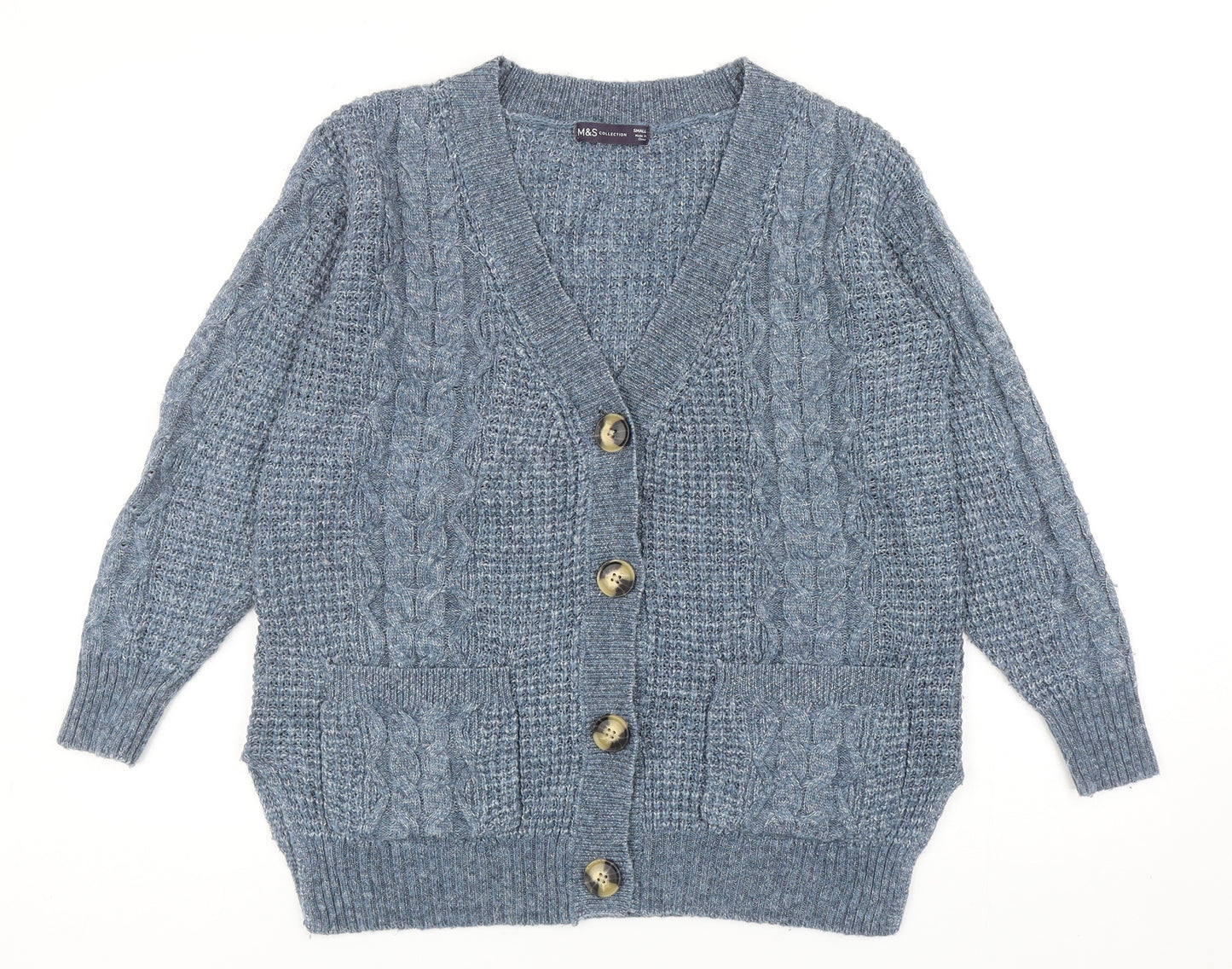 Marks and Spencer Womens Blue V-Neck Acrylic Cardigan Jumper Size S