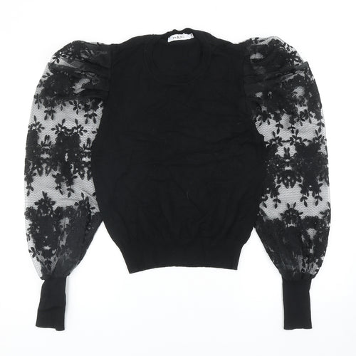 Yu & Me Womens Black Round Neck Floral Viscose Pullover Jumper Size S