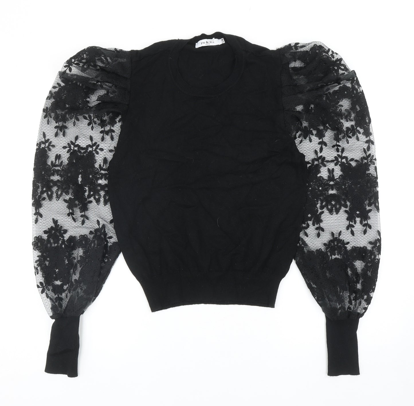 Yu & Me Womens Black Round Neck Floral Viscose Pullover Jumper Size S