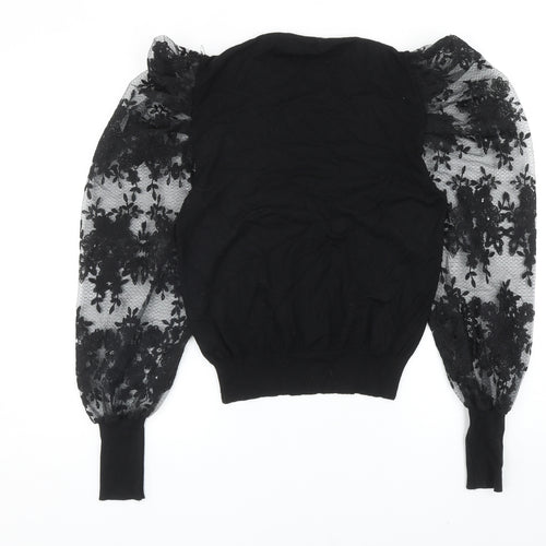 Yu & Me Womens Black Round Neck Floral Viscose Pullover Jumper Size S
