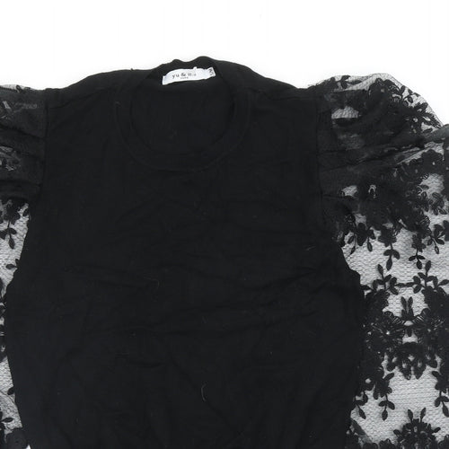Yu & Me Womens Black Round Neck Floral Viscose Pullover Jumper Size S