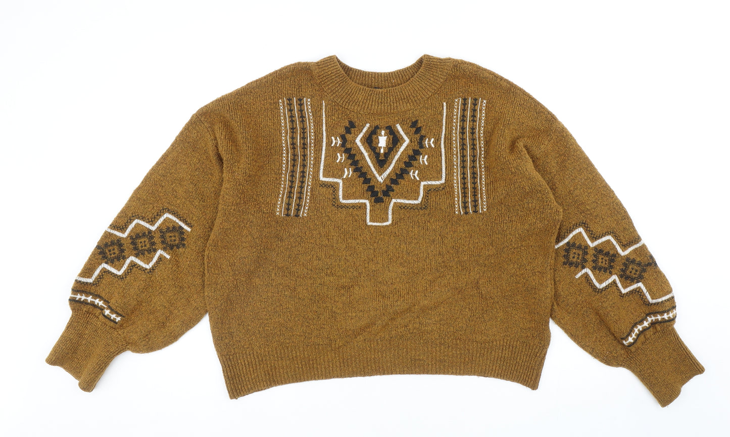 New Look Womens Brown Round Neck Geometric Acrylic Pullover Jumper Size L