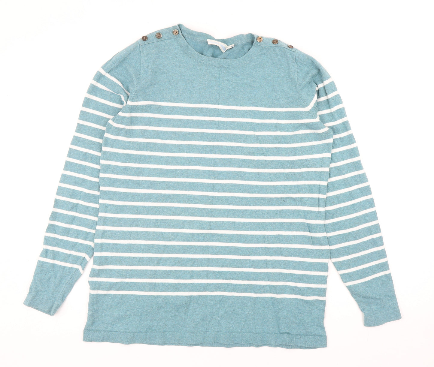 JoJo Maman Womens Blue Round Neck Striped Cotton Pullover Jumper Size M