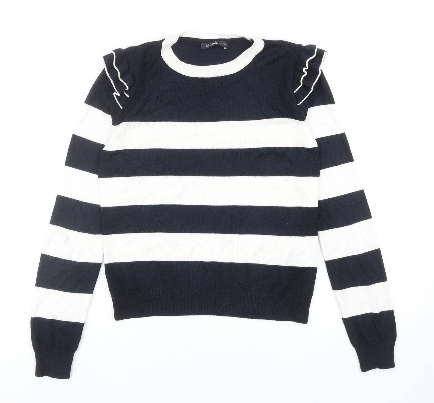 Marks and Spencer Womens Blue Scoop Neck Striped Viscose Pullover Jumper Size 8