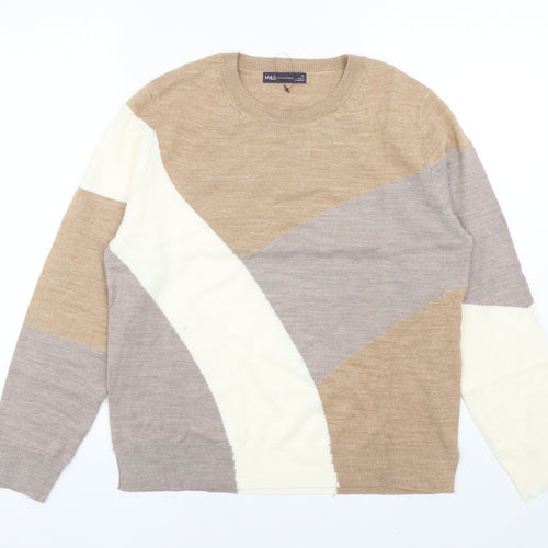 Marks and Spencer Womens Brown Scoop Neck Acrylic Pullover Jumper Size 14 - Colourblock