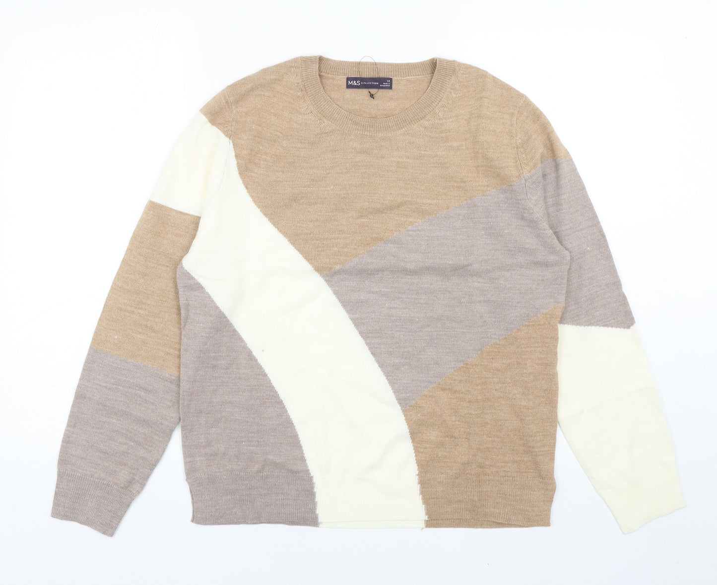 Marks and Spencer Womens Brown Scoop Neck Acrylic Pullover Jumper Size 14 - Colourblock