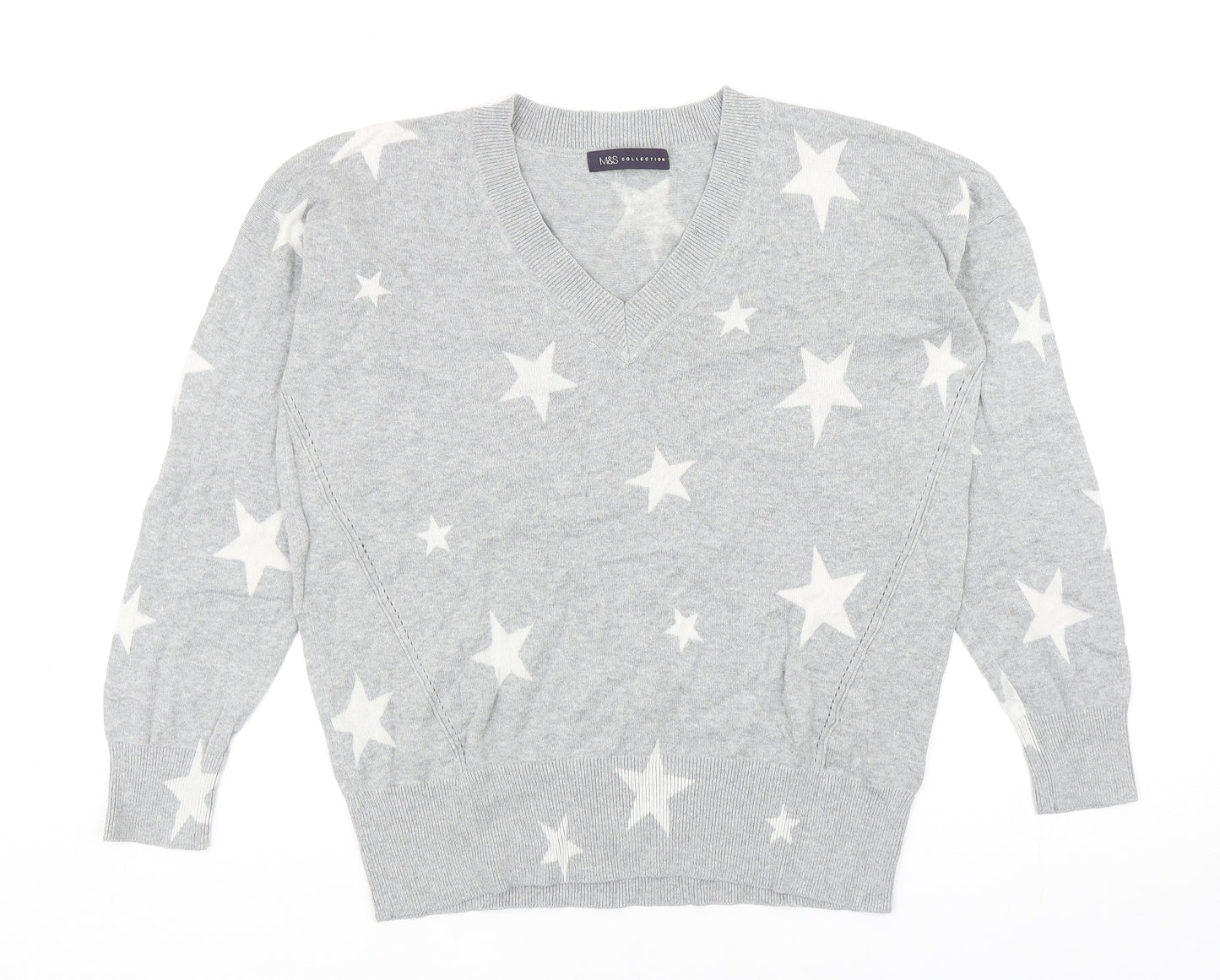 Marks and Spencer Womens Grey V-Neck Geometric Cotton Pullover Jumper Size S - Stars