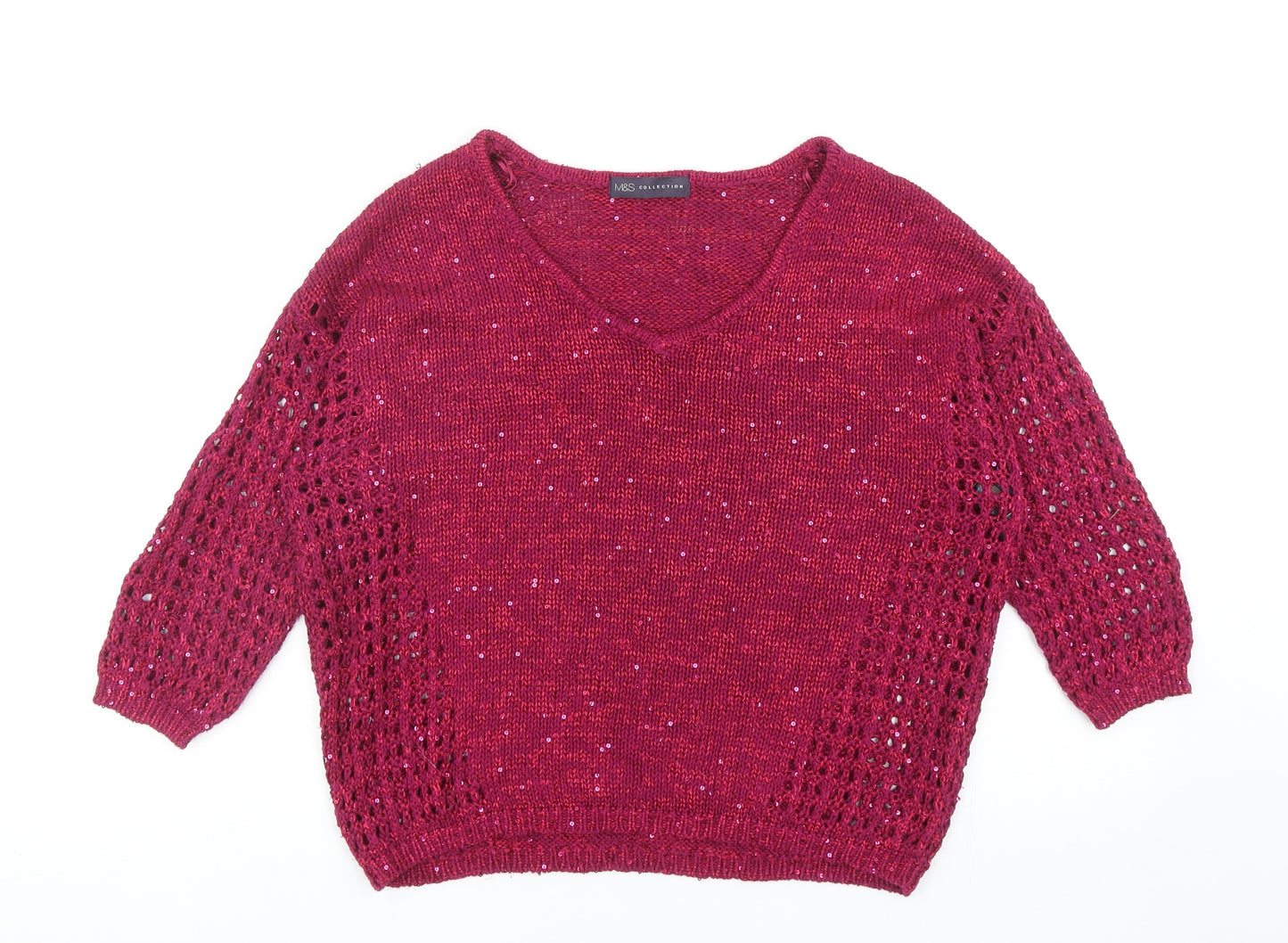 Marks and Spencer Womens Pink V-Neck Cotton Pullover Jumper Size 10