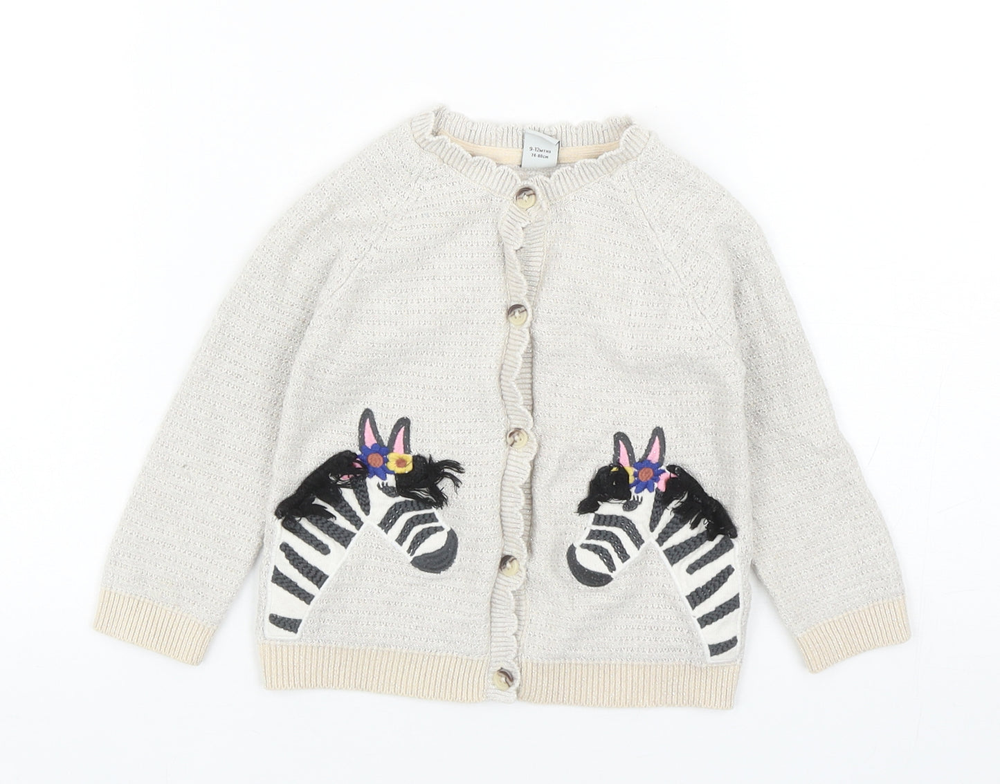 TU Girls Grey Cotton Cardigan Jumper Size 9-12 Months Button - Zebra