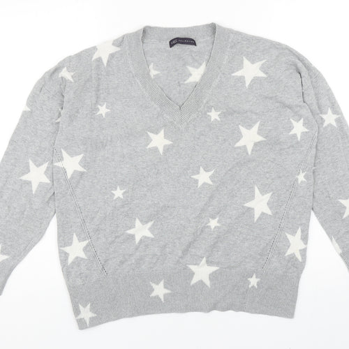 Marks and Spencer Womens Grey V-Neck Geometric Cotton Pullover Jumper Size M - Star