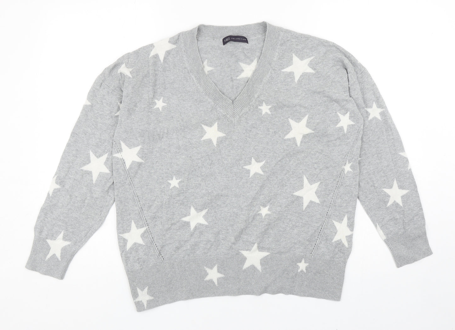 Marks and Spencer Womens Grey V-Neck Geometric Cotton Pullover Jumper Size M - Star