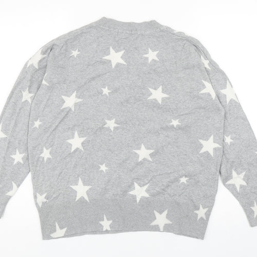 Marks and Spencer Womens Grey V-Neck Geometric Cotton Pullover Jumper Size M - Star