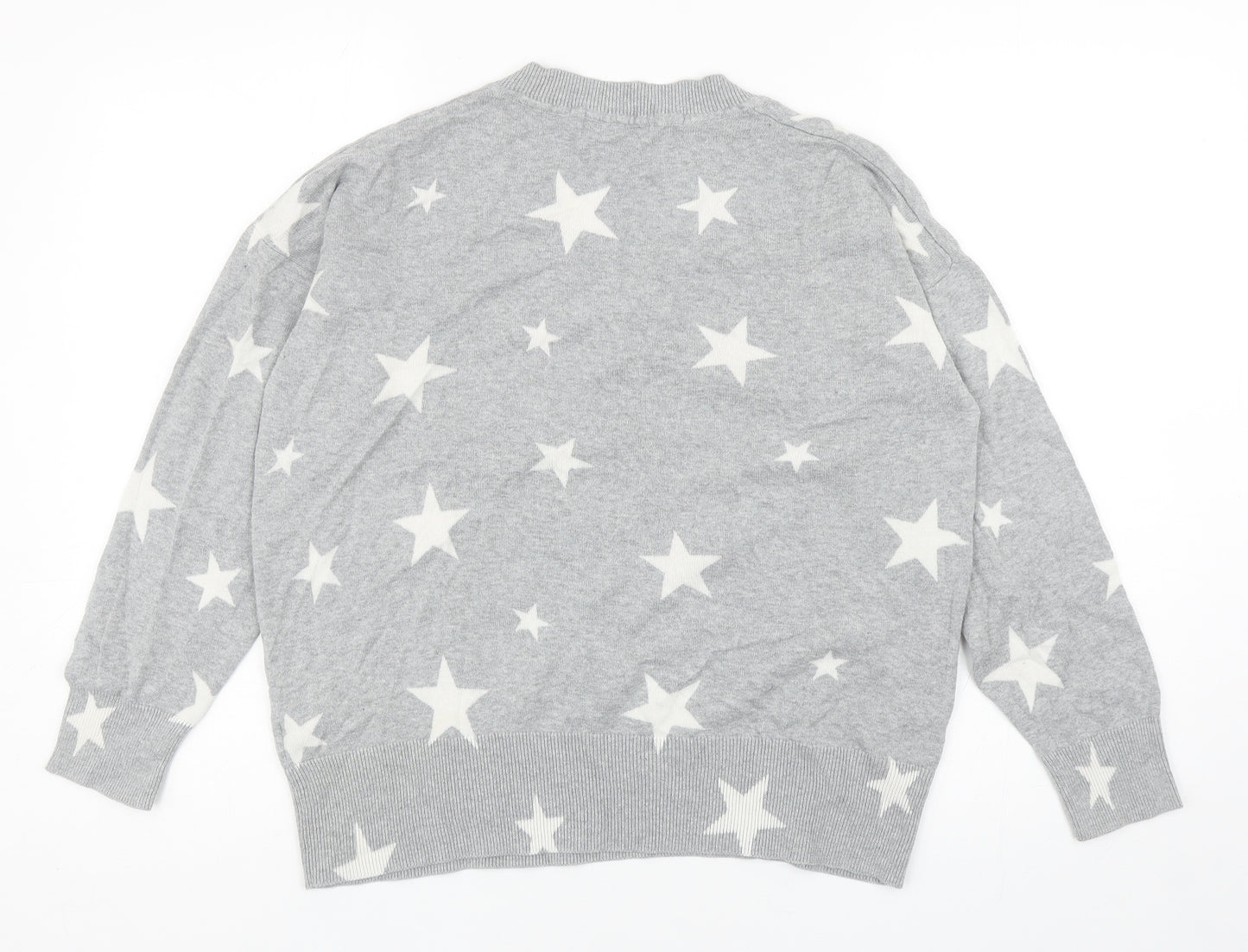Marks and Spencer Womens Grey V-Neck Geometric Cotton Pullover Jumper Size M - Star