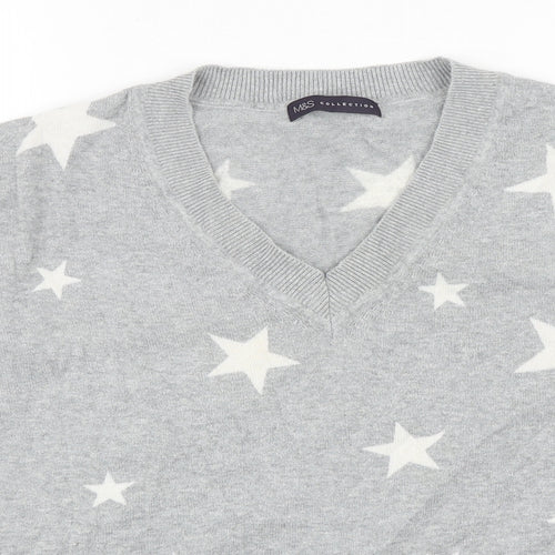 Marks and Spencer Womens Grey V-Neck Geometric Cotton Pullover Jumper Size M - Star