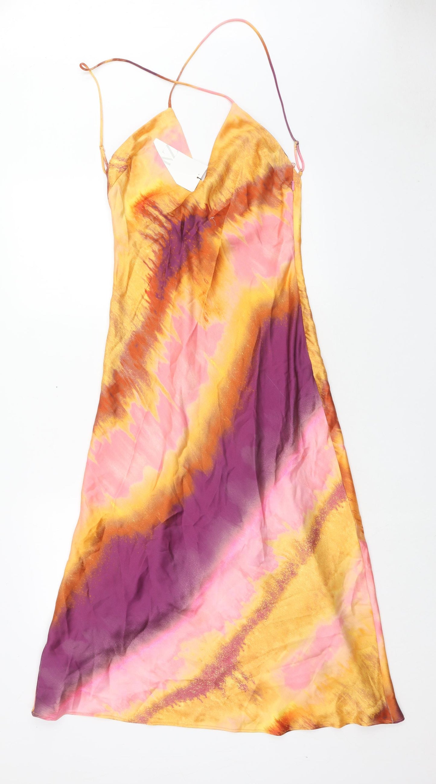 Zara Womens Multicoloured Geometric Polyester Slip Dress Size M V-Neck Zip
