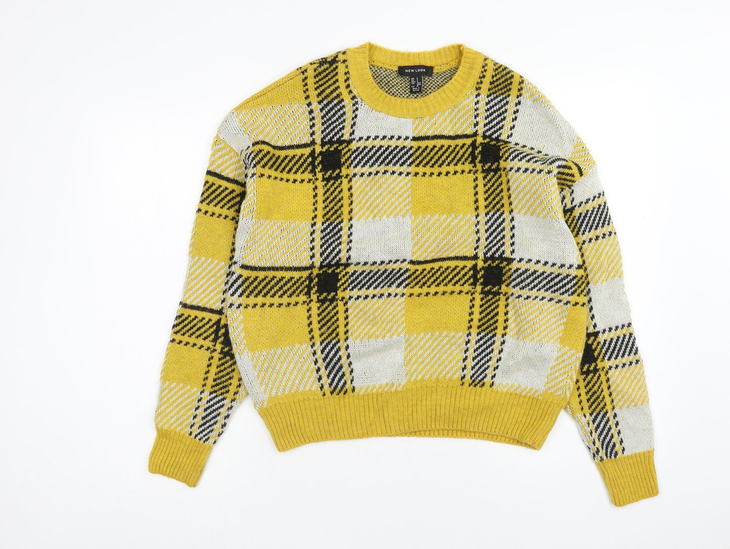 New Look Womens Yellow Scoop Neck Plaid Acrylic Pullover Jumper Size S