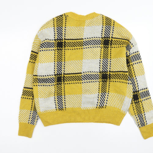 New Look Womens Yellow Scoop Neck Plaid Acrylic Pullover Jumper Size S
