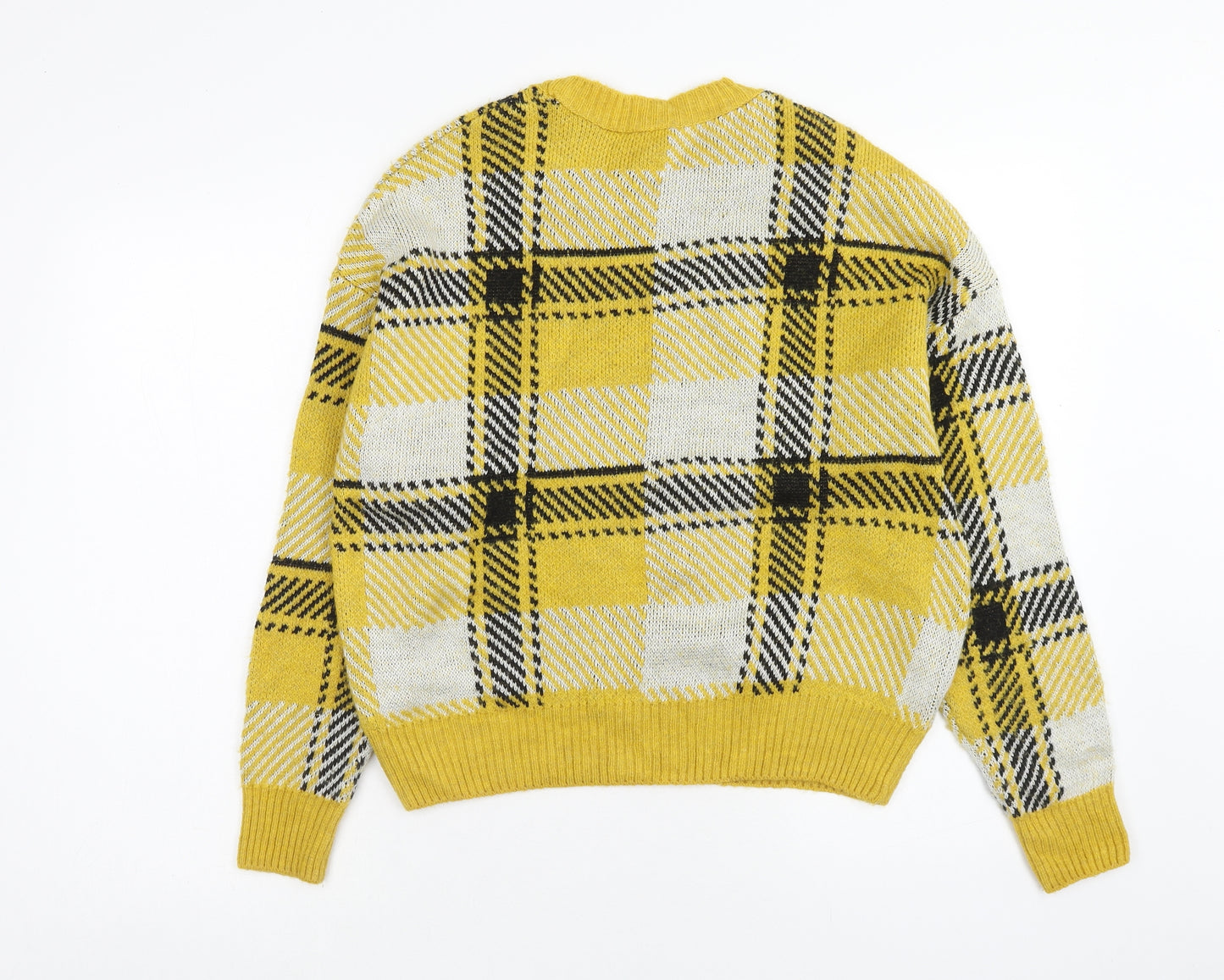 New Look Womens Yellow Scoop Neck Plaid Acrylic Pullover Jumper Size S
