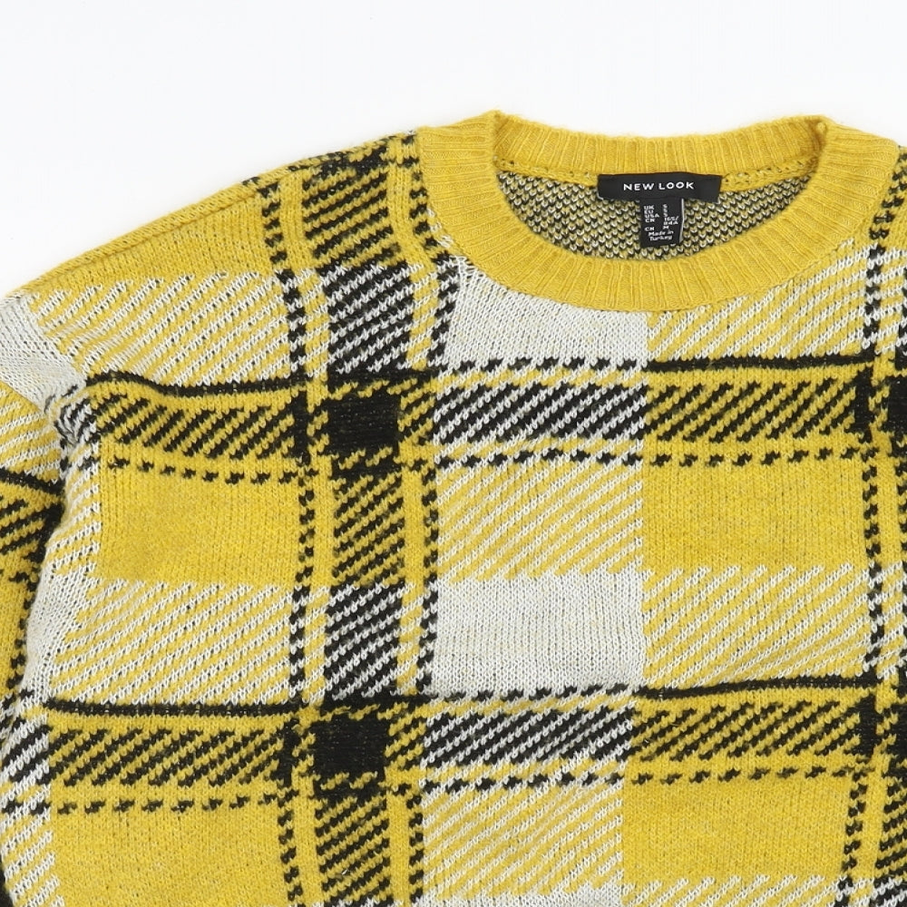 New Look Womens Yellow Scoop Neck Plaid Acrylic Pullover Jumper Size S