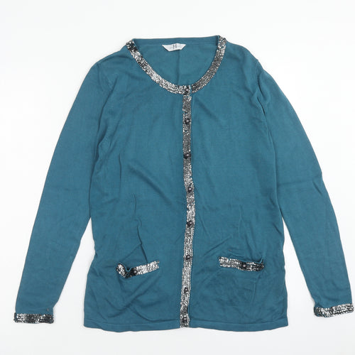 Joanna Hope Womens Blue Scoop Neck Cotton Cardigan Jumper Size 12