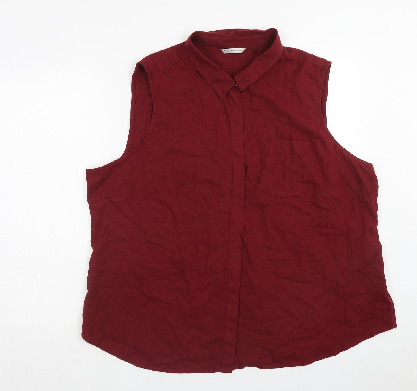 Marks and Spencer Womens Red Linen Basic Button-Up Size 24 Collared
