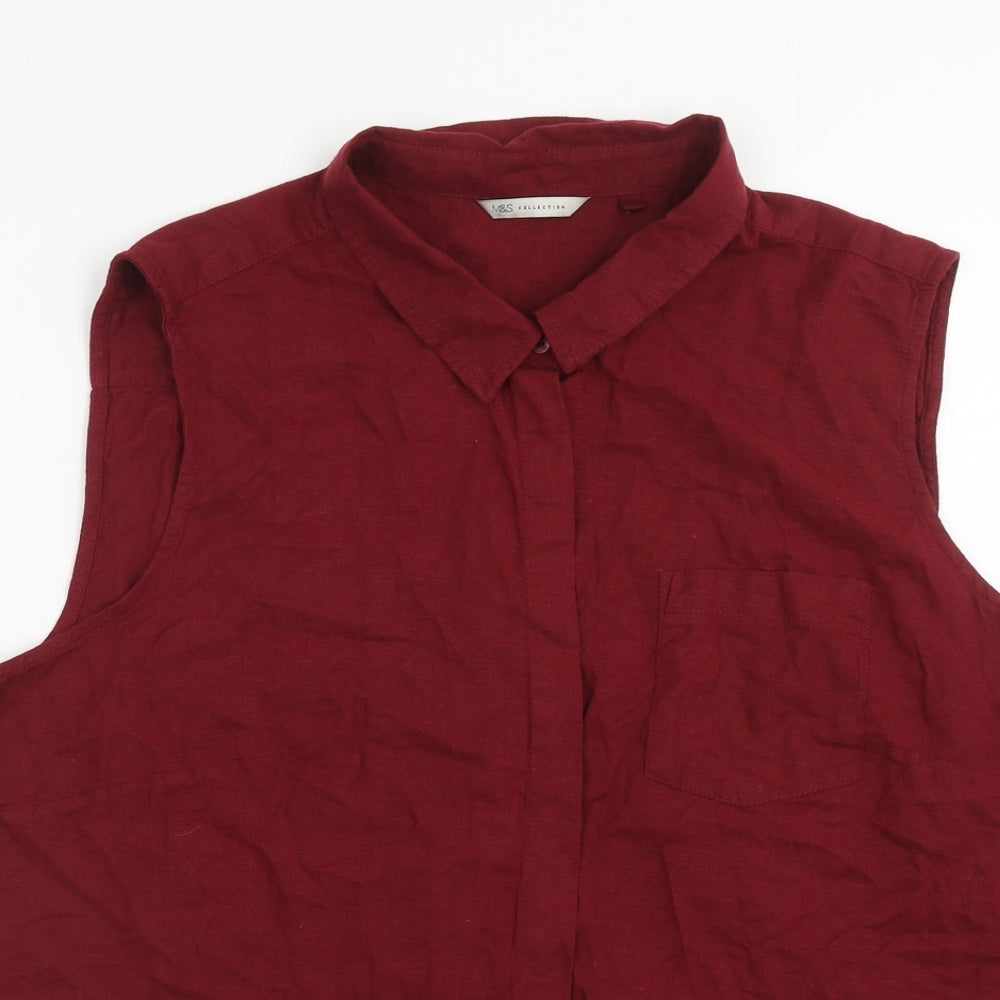 Marks and Spencer Womens Red Linen Basic Button-Up Size 24 Collared