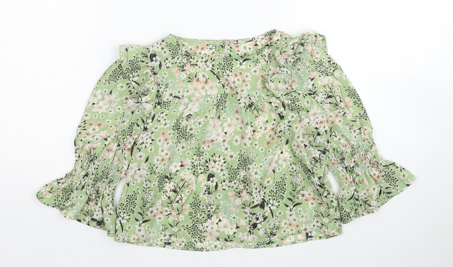 George Girls Green Floral Polyester Basic Blouse Size 6-7 Years Round Neck Button