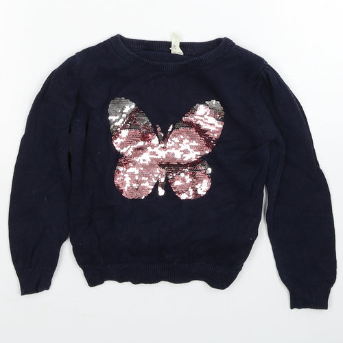 Young Dimension Girls Blue Round Neck Cotton Pullover Jumper Size 3-4 Years Pullover - Butterfly