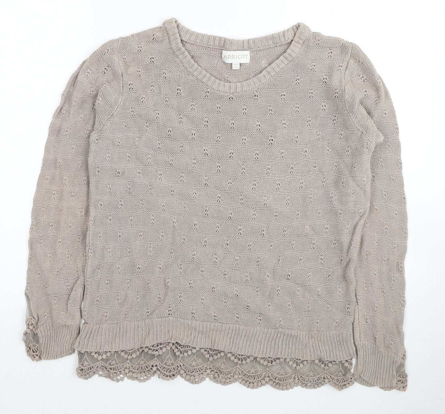 Apricot Womens Beige Scoop Neck Cotton Pullover Jumper Size 10 - Crochet Trim