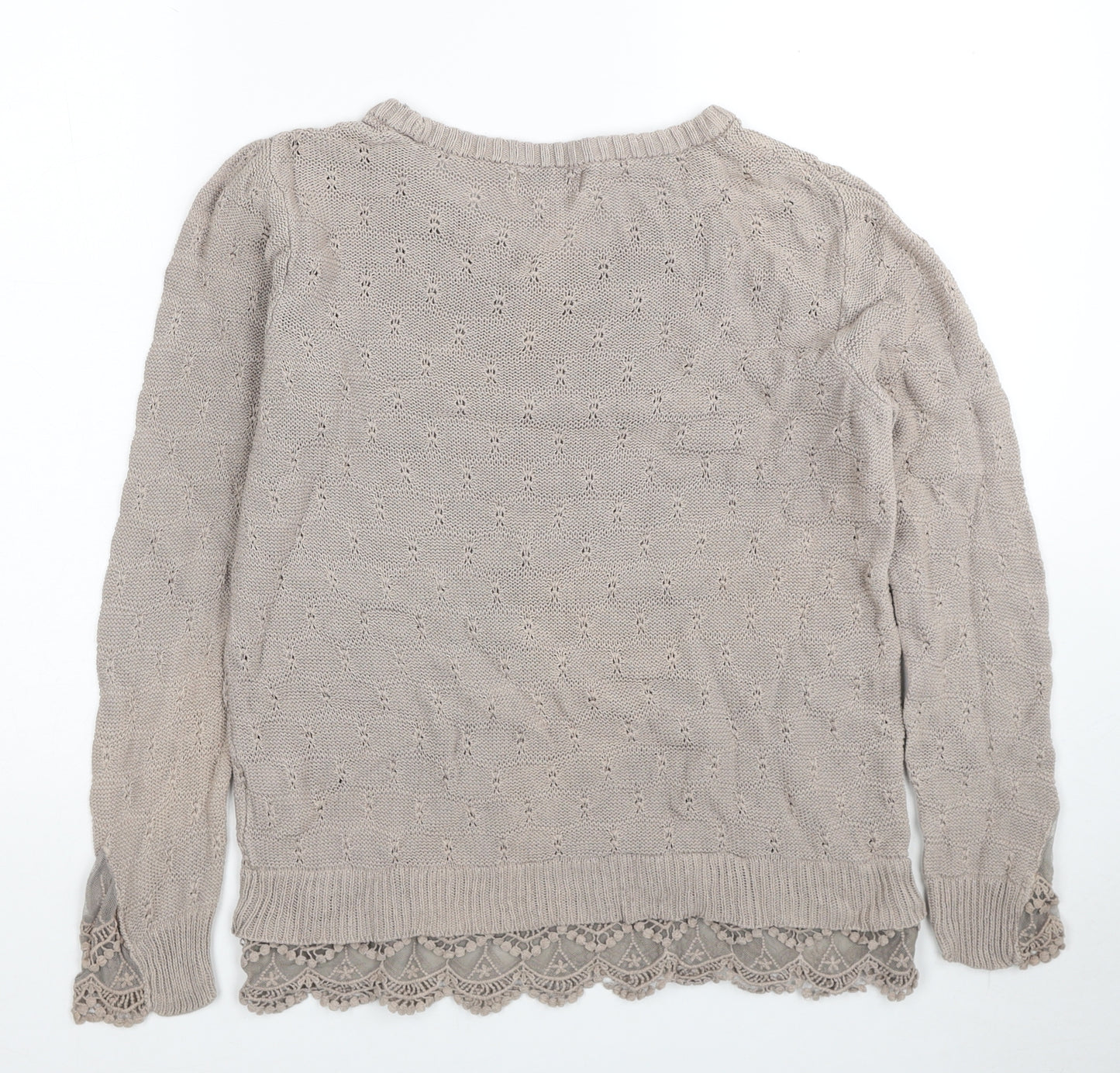 Apricot Womens Beige Scoop Neck Cotton Pullover Jumper Size 10 - Crochet Trim