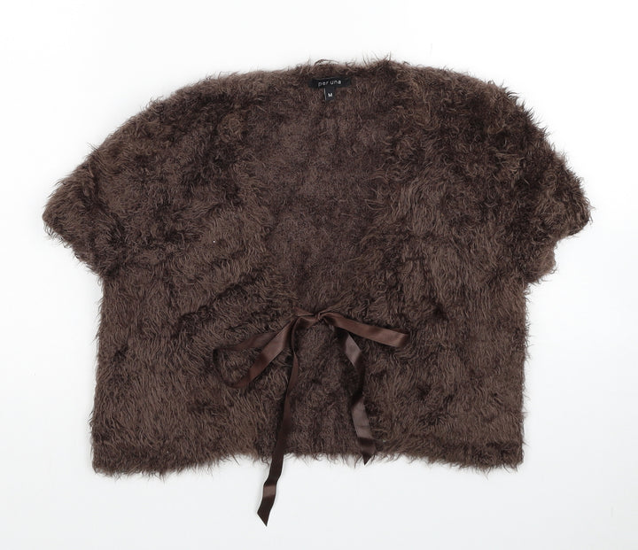 Per Una Womens Brown V-Neck Polyamide Shrug Jumper Size 10 - Fluffy Satin Tie Front