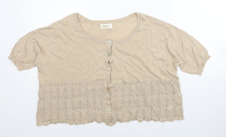 Deluxe Womens Beige Scoop Neck Cotton Cardigan Jumper Size XS