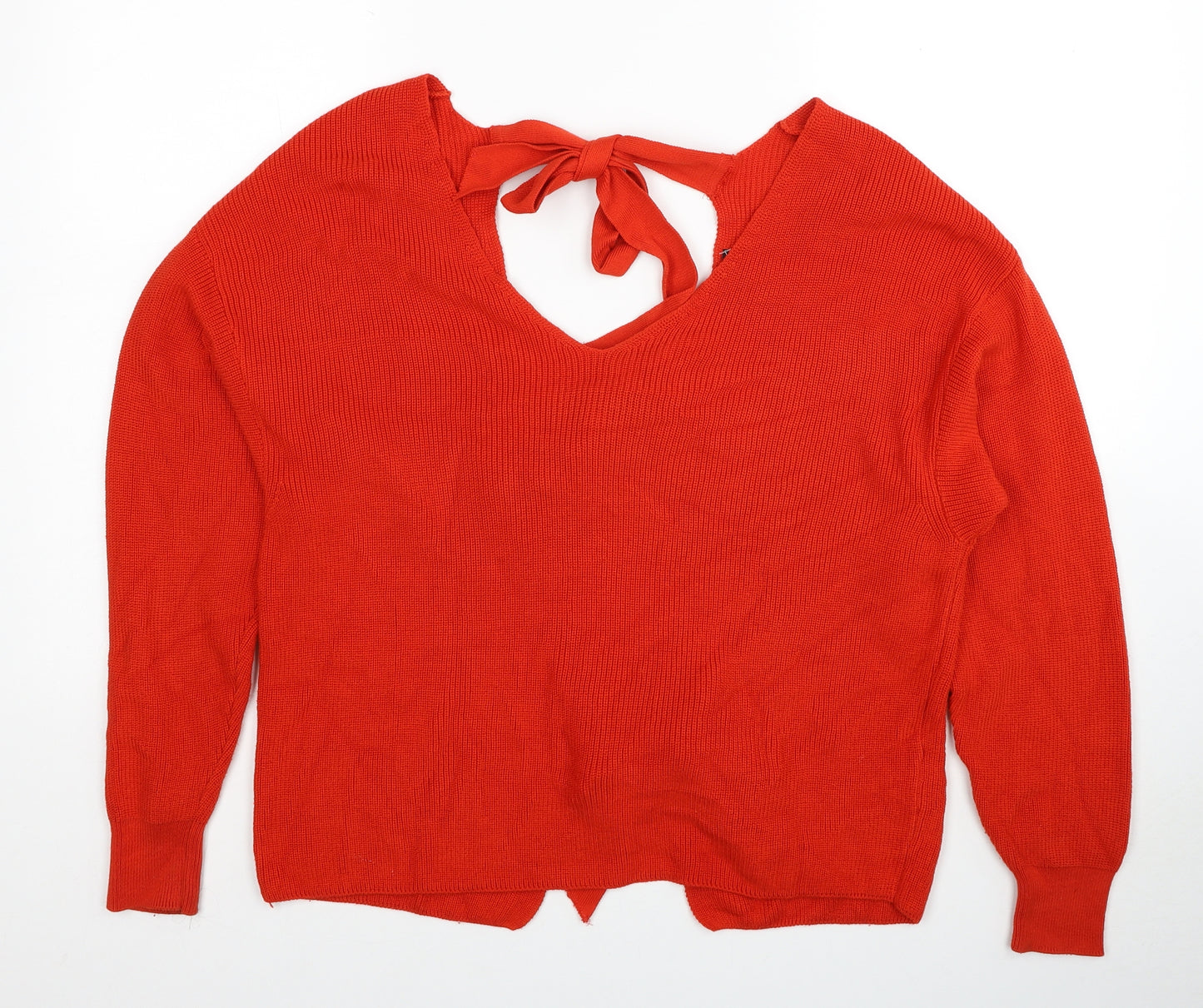 River Island Womens Red V-Neck Cotton Pullover Jumper Size 10 - Cut Out Tie Back Detail