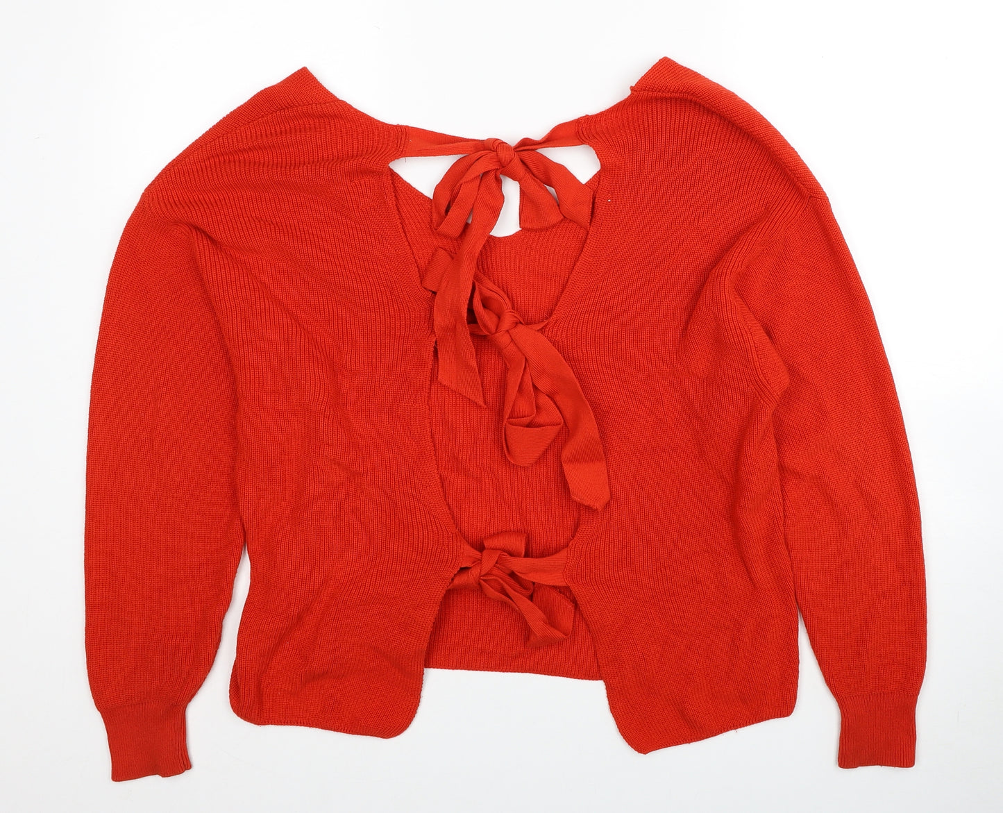 River Island Womens Red V-Neck Cotton Pullover Jumper Size 10 - Cut Out Tie Back Detail