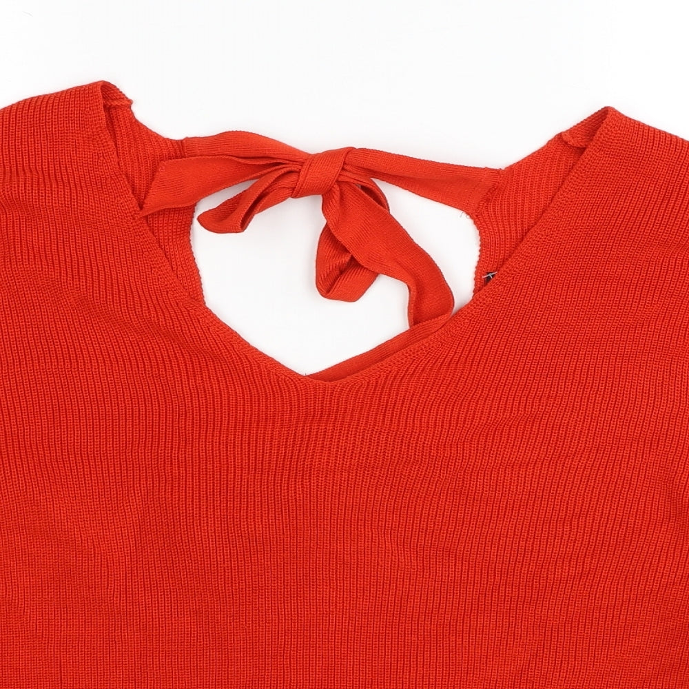 River Island Womens Red V-Neck Cotton Pullover Jumper Size 10 - Cut Out Tie Back Detail