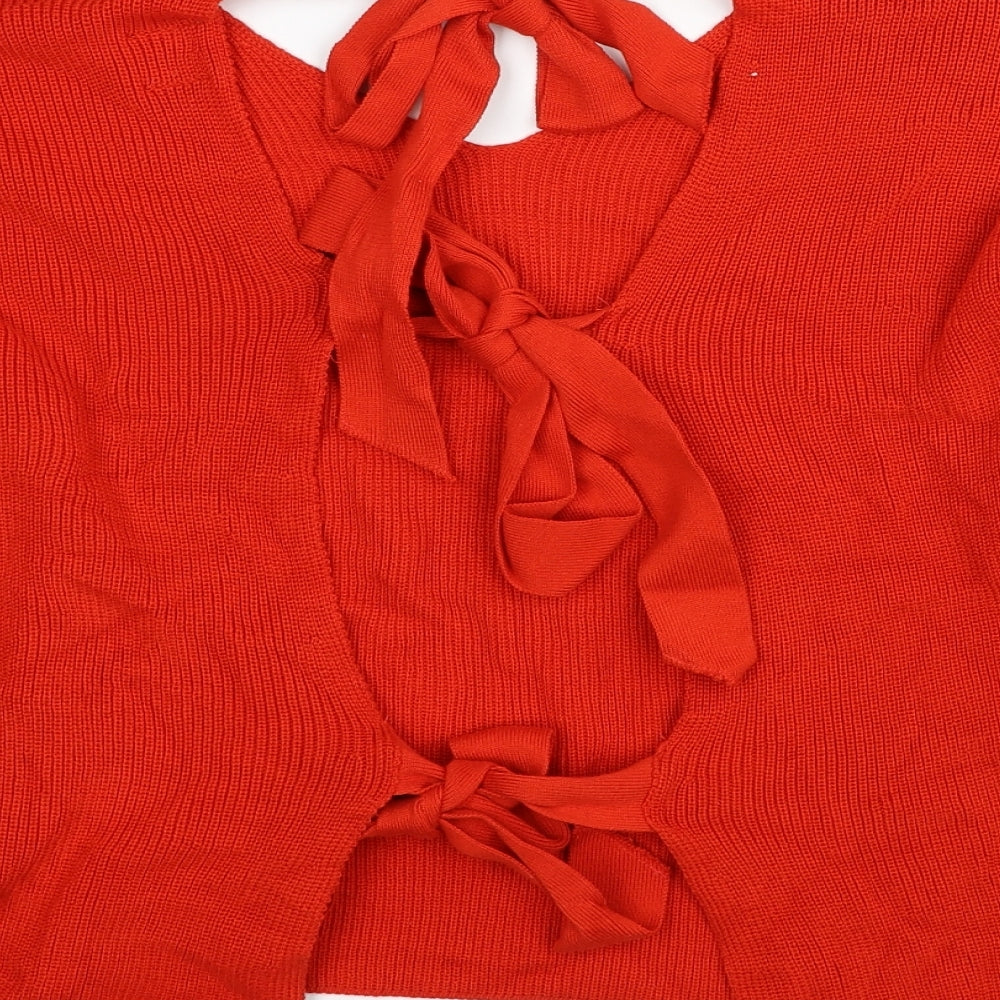 River Island Womens Red V-Neck Cotton Pullover Jumper Size 10 - Cut Out Tie Back Detail