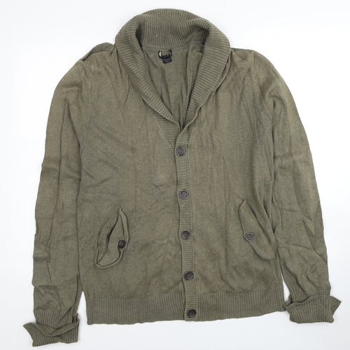 H&M Mens Green V-Neck Cotton Cardigan Jumper Size L - Elbow Patches