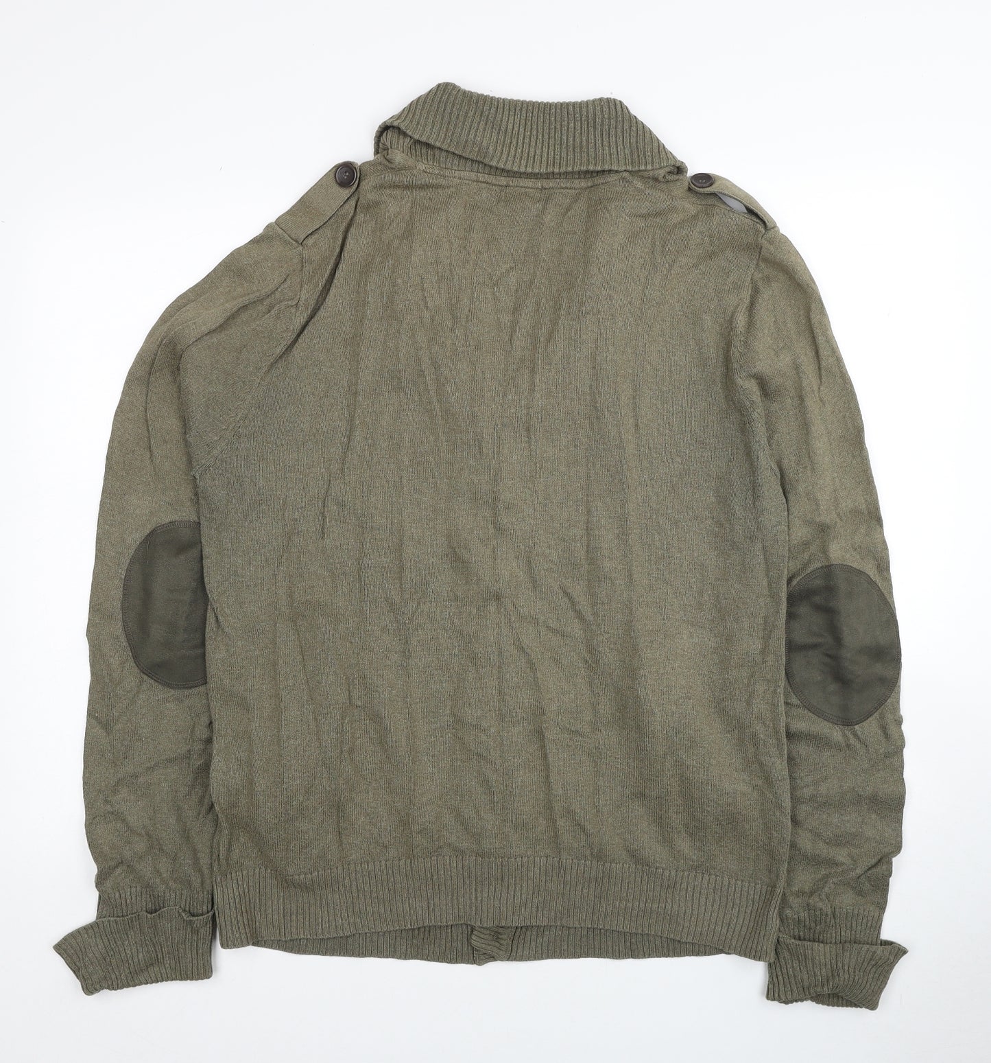 H&M Mens Green V-Neck Cotton Cardigan Jumper Size L - Elbow Patches
