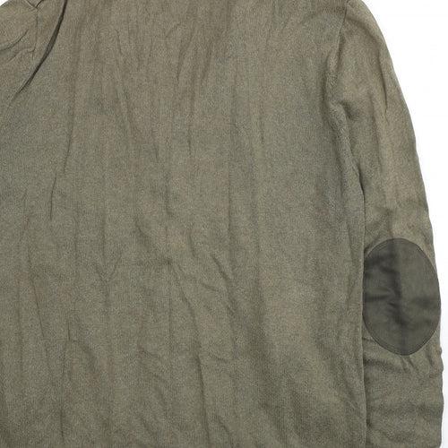 H&M Mens Green V-Neck Cotton Cardigan Jumper Size L - Elbow Patches