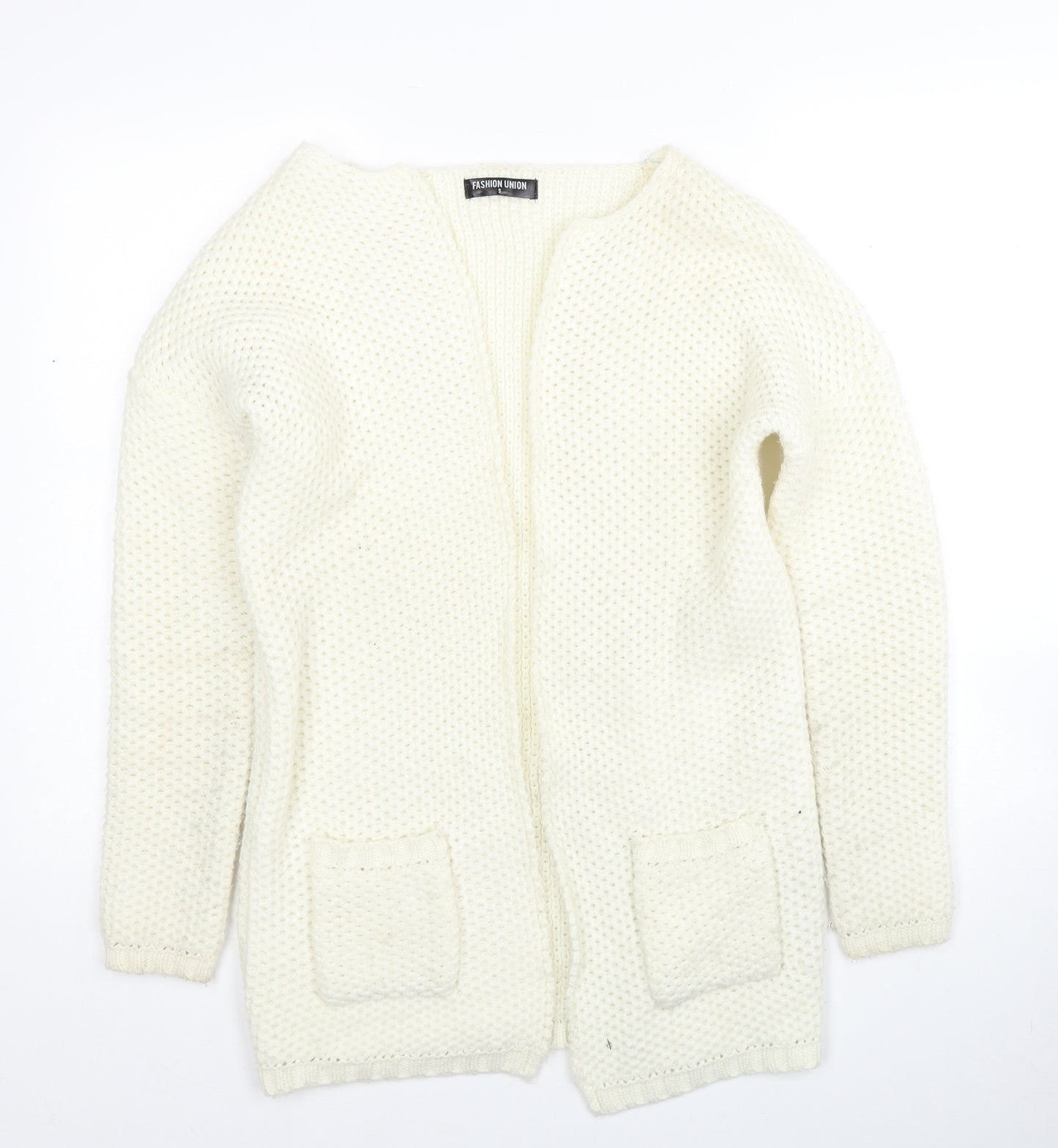 Fashion Union Womens White Boat Neck Acrylic Cardigan Jumper Size S