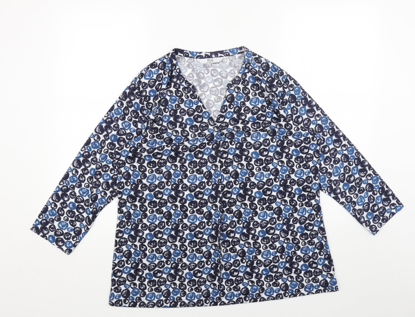 Isle Womens Blue Geometric Polyester Basic T-Shirt Size M V-Neck