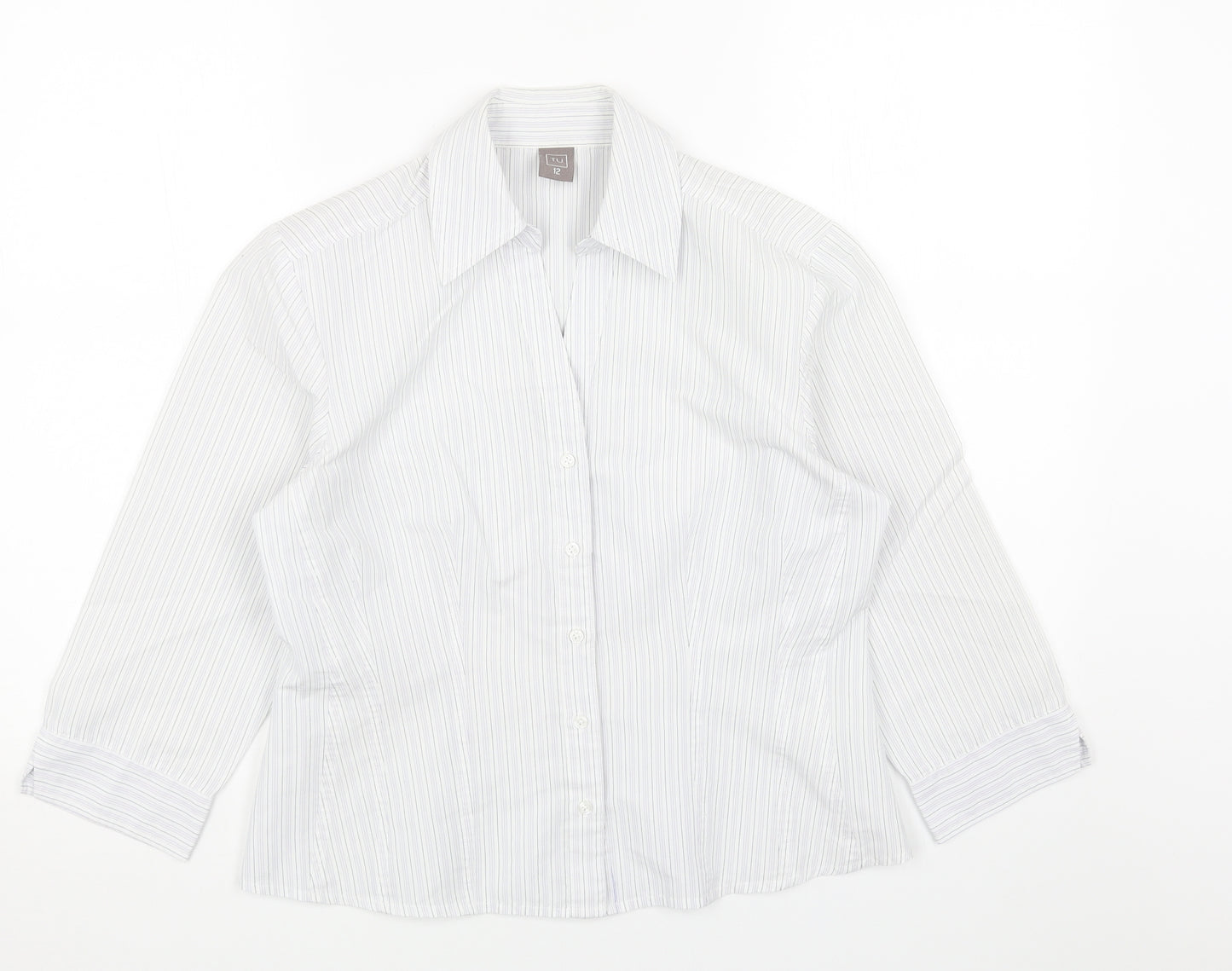 TU Womens White Striped Cotton Basic Button-Up Size 12 Collared