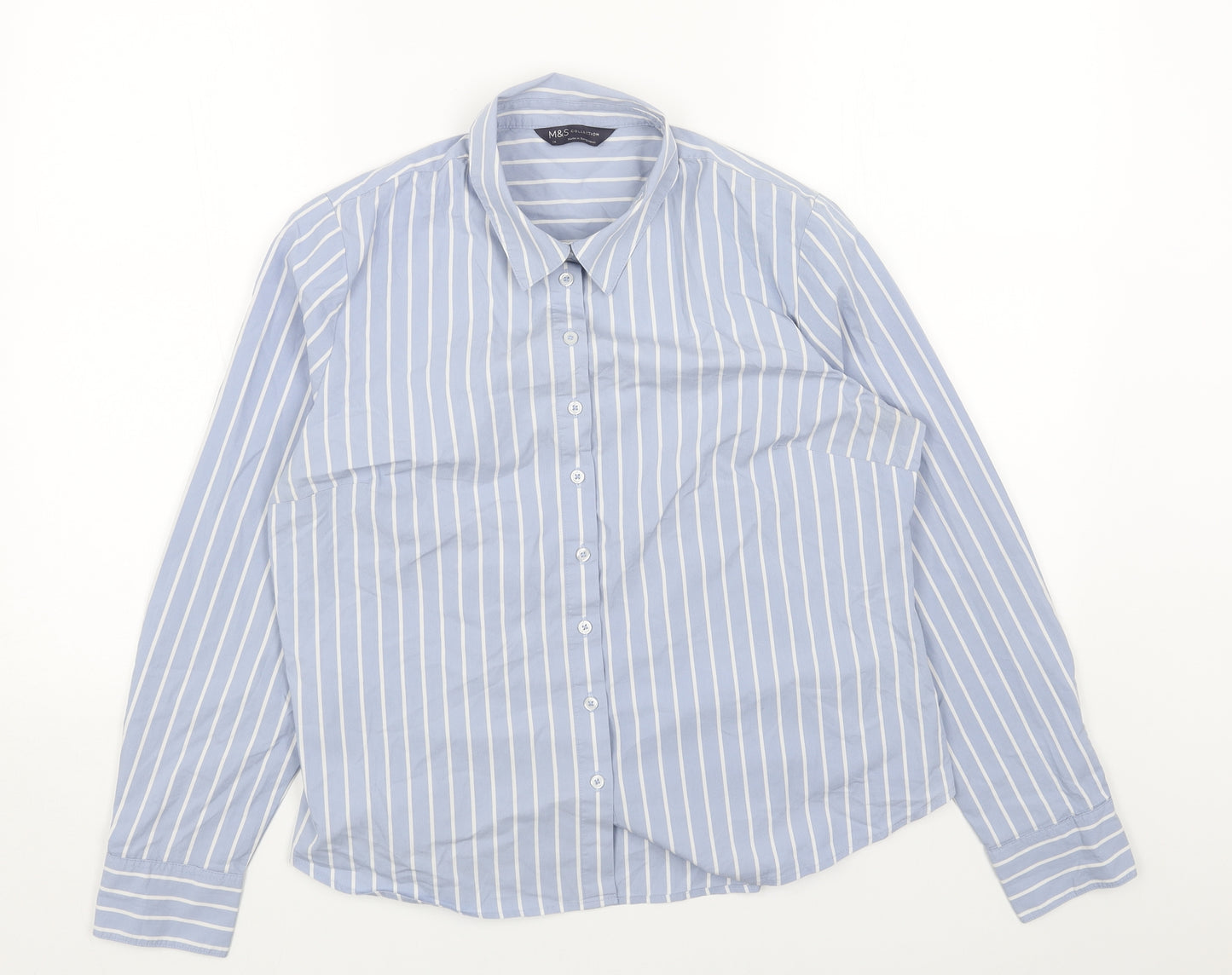 Marks and Spencer Womens Blue Striped Cotton Basic Button-Up Size 14 Collared